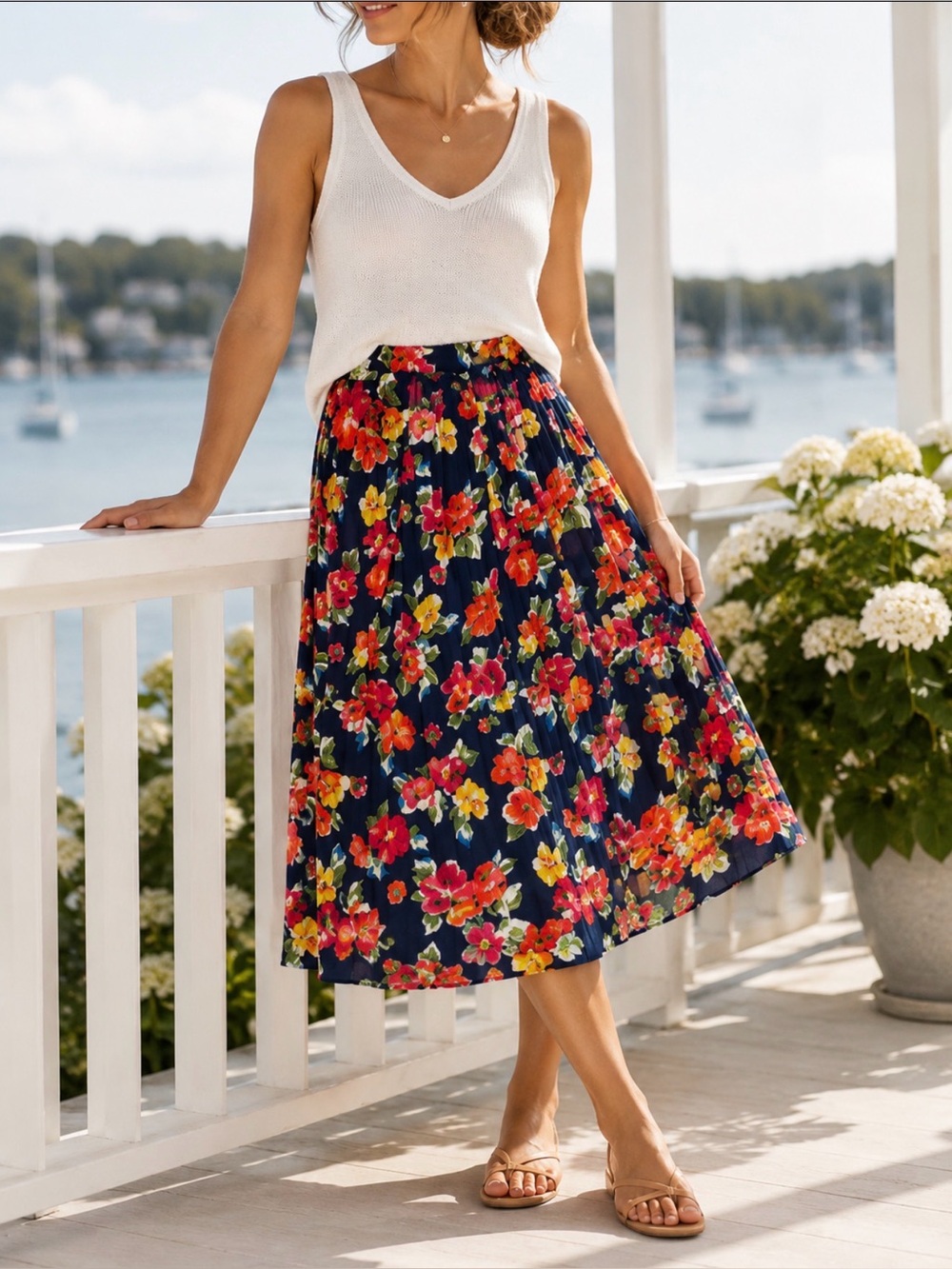 Liz Claiborne Collection Floral Pleated Skirt Size 10 Navy Blue Vintage Midi
